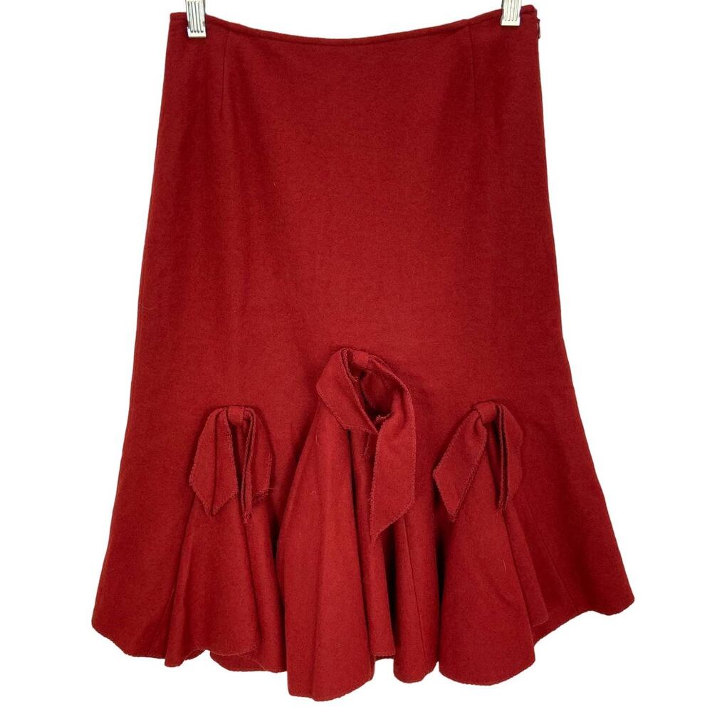 Jon‎ by Teri Jon Wool Trumpet Skirt 2 Red Flannel Fluted Bow